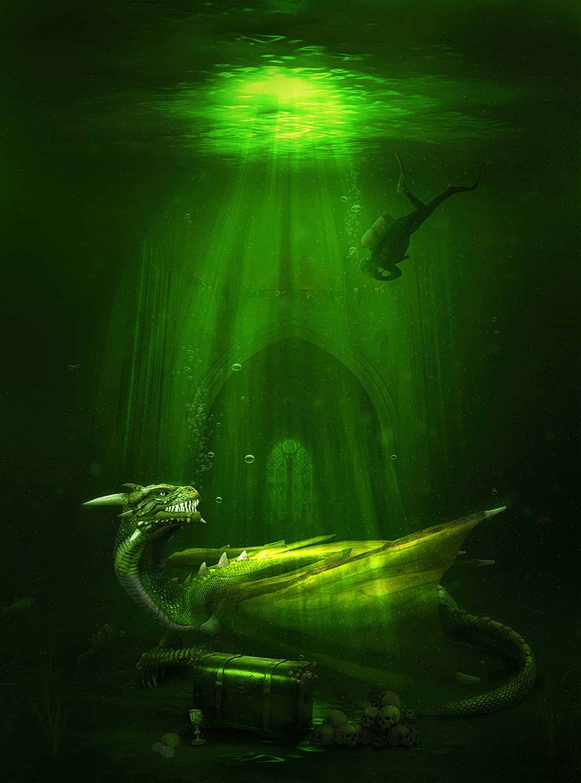 Create an Awesome Underwater Scene Depicting a Dragon and a Treasure Hunter