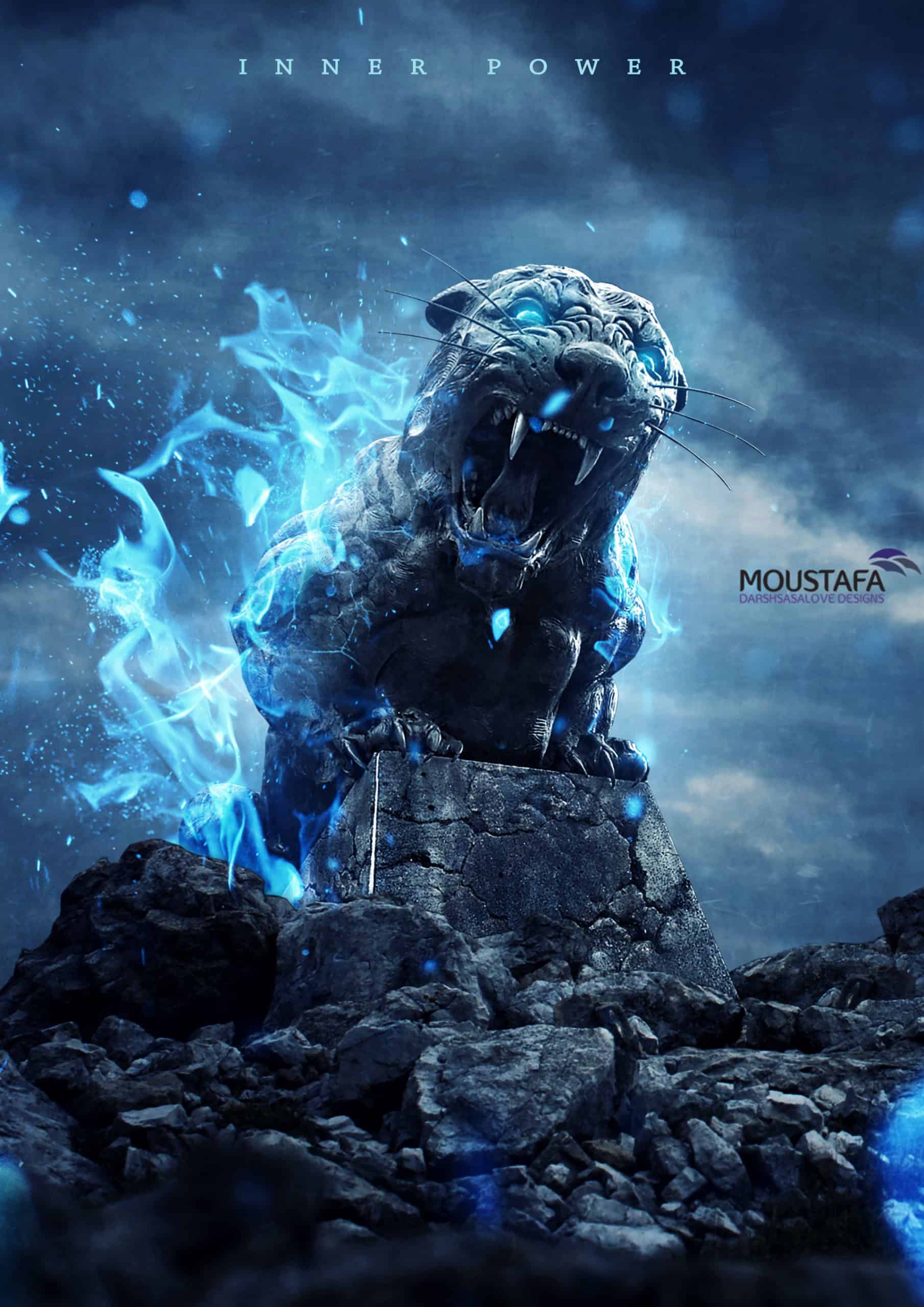 How to Create an Intense Composite of a Stone Tiger with Blue Flames