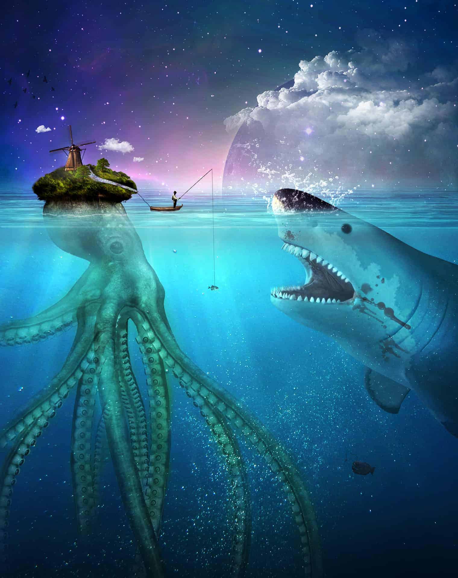 Create This Symbolic Underwater Scene of an Unlucky Fisherman and a Hungry Shark in Photoshop