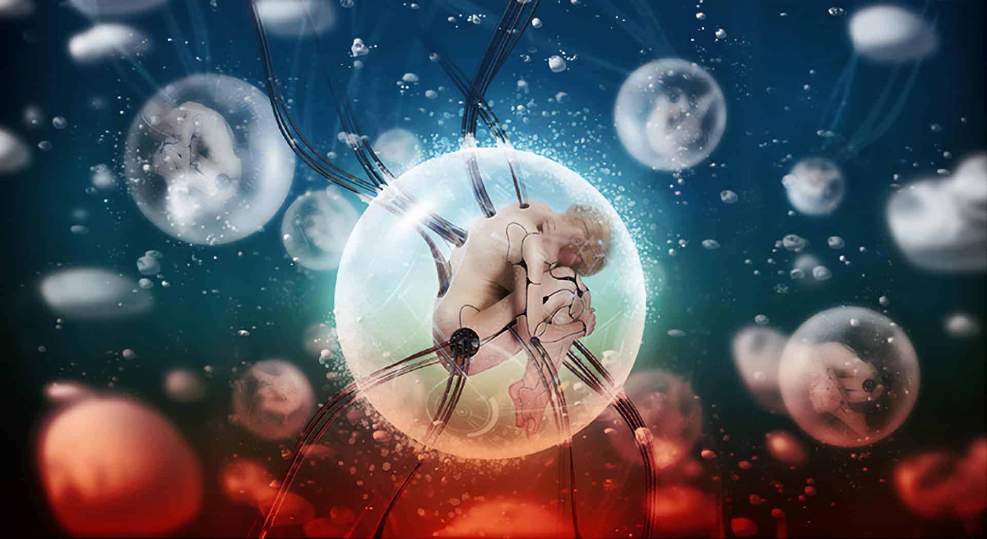 Create a Chilling Sci-Fi Scene of Cyborgs in Bubbles