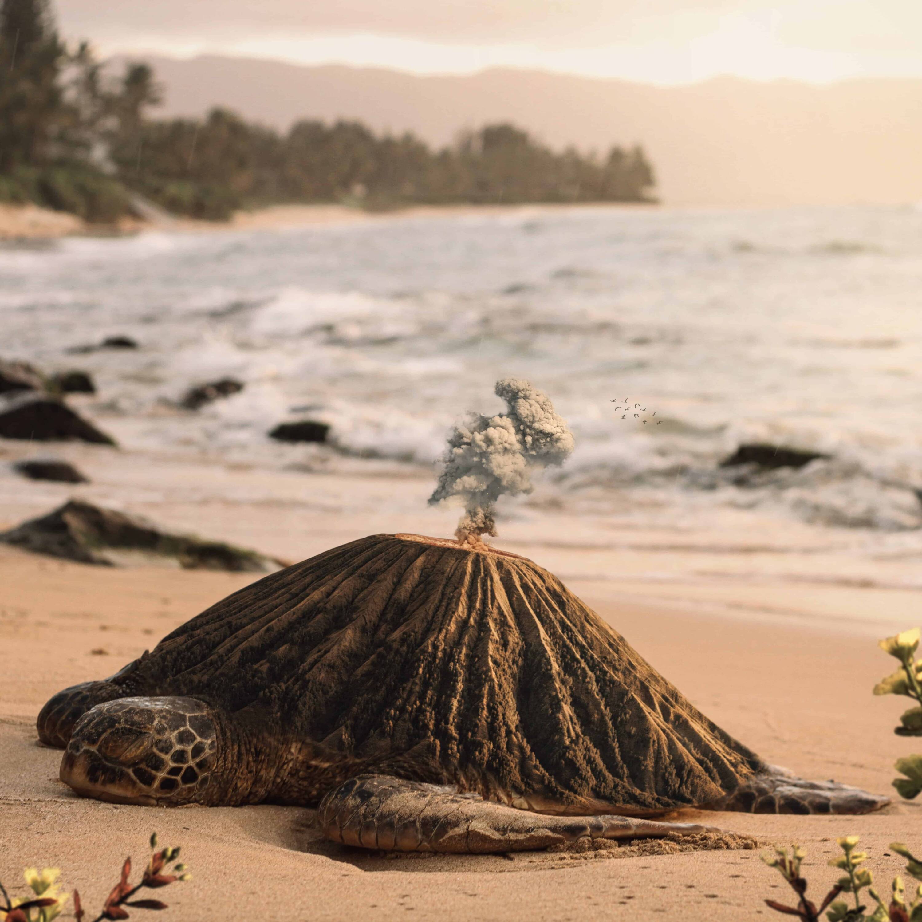 Create a Surreal scene of Turtle Volcano